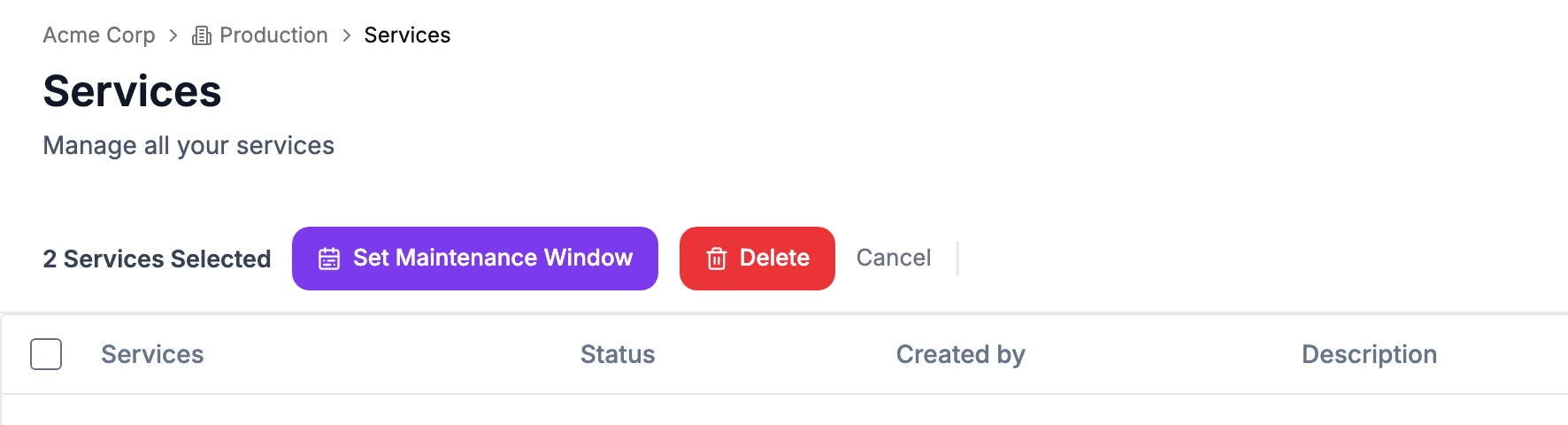 The Services page with 2 Services Selected and the Set Maintenance Window button