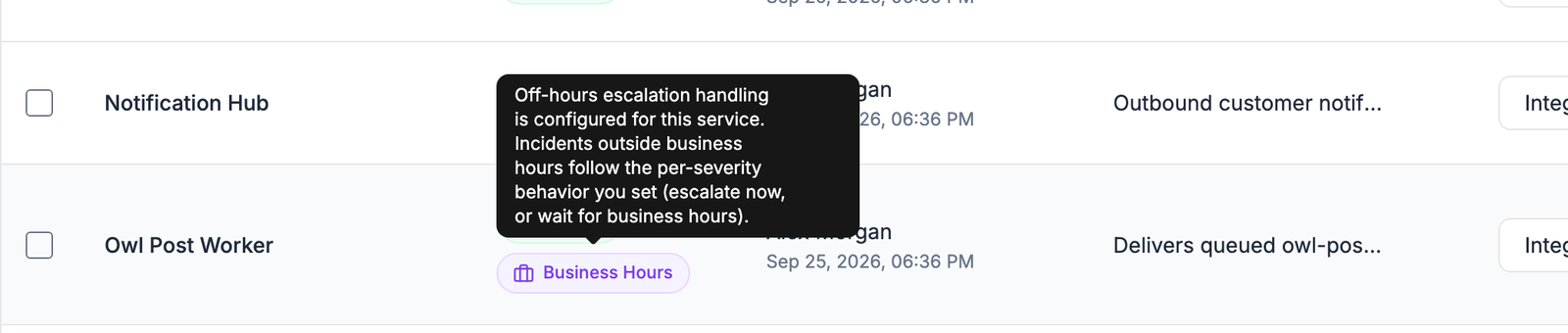 The Services list with a Business Hours badge under Owl Post Worker and its tooltip