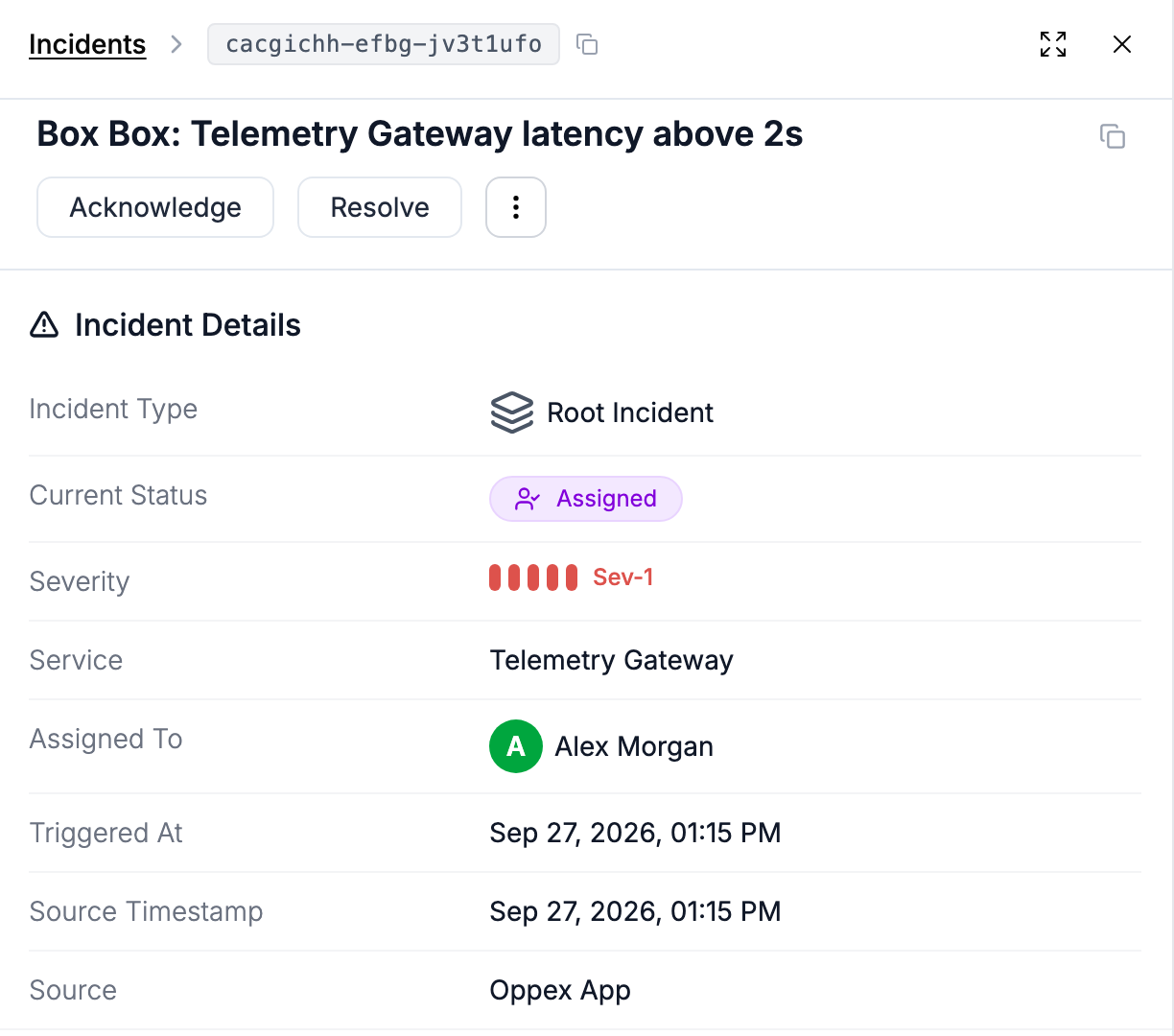 The incident panel for Box Box: Telemetry Gateway latency above 2s, with status Assigned, severity Sev-1, service Telemetry Gateway, assigned to Alex Morgan, and source Oppex App
