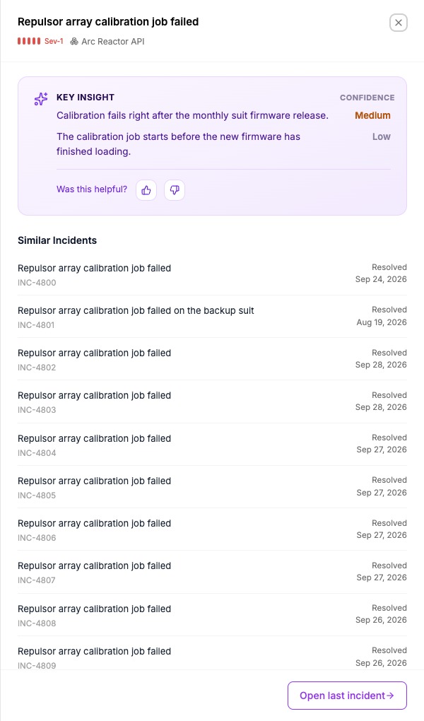 The incident panel with the Key Insight card showing two causes with Medium and Low confidence, feedback buttons, and the Similar Incidents list.