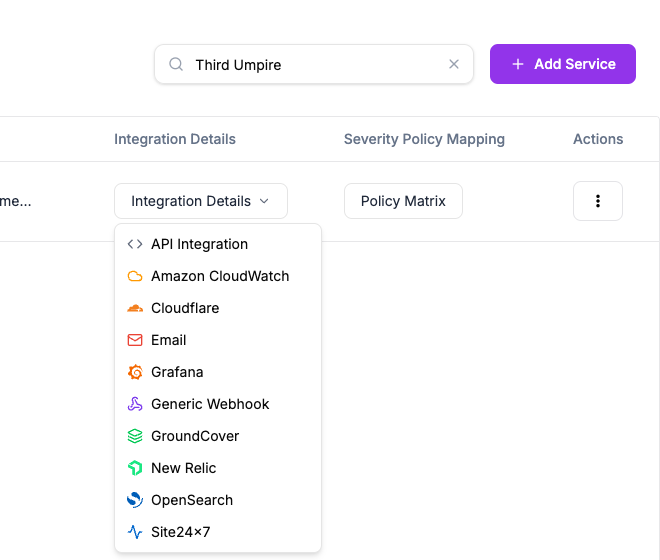 The Integration Details menu listing every supported monitoring source