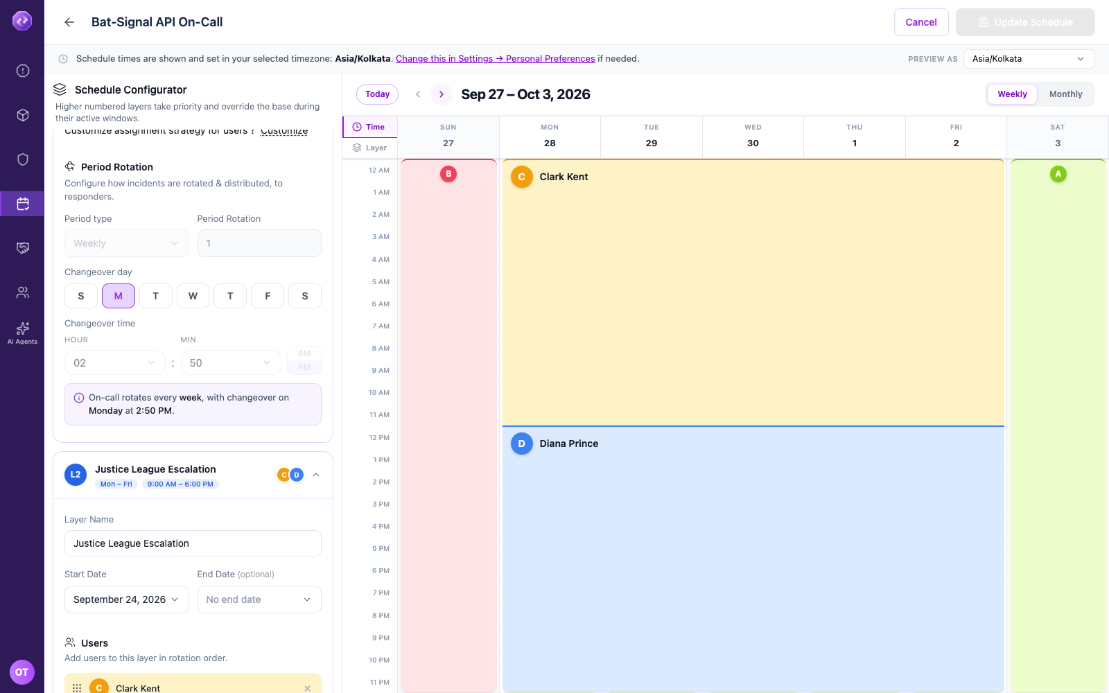 The calendar showing two people stacked on the same day under a Notify all layer