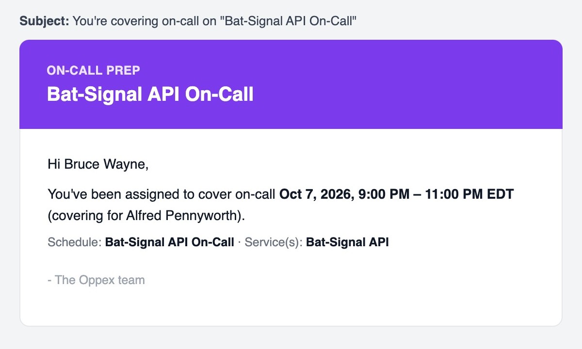 An override email assigning Bruce Wayne to cover Alfred Pennyworth from 9:00 PM to 11:00 PM EDT.