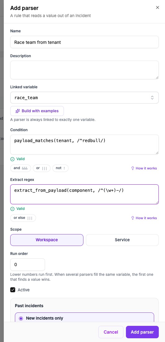 The Add parser panel filled in. The linked variable is race_team, the condition reads payload_matches(tenant, /^redbull/), and the extract regex reads extract_from_payload(component, /^(\w+)-/). Both boxes show Valid.