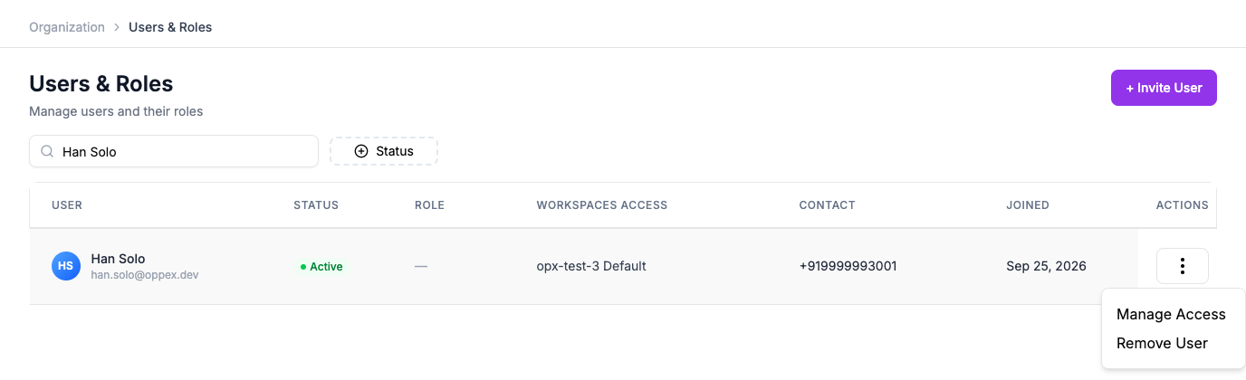 The row actions menu showing Manage Access and Remove User