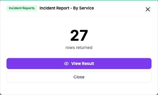The Run Report window showing 27 rows returned, with View Result and Close buttons