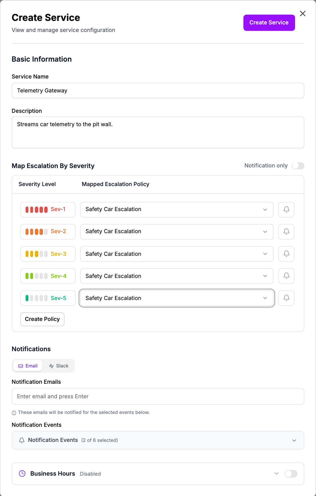 The Create Service form for Telemetry Gateway with Safety Car Escalation mapped to all five severity levels