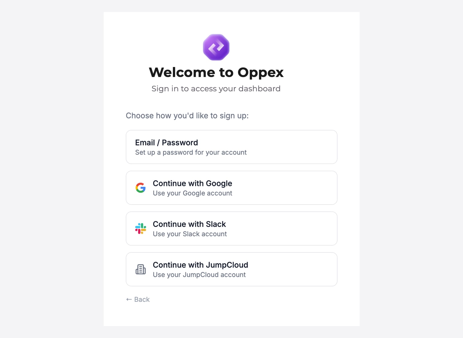 The sign-up method step with the prompt "Choose how you'd like to sign up:" and four options: Email / Password, Continue with Google, Continue with Slack and Continue with JumpCloud.