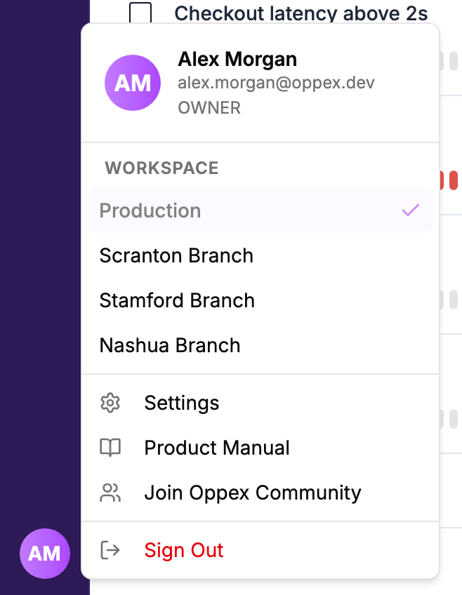 The profile menu open with the Workspace section listing Production (checked), Scranton Branch, Stamford Branch, and Nashua Branch