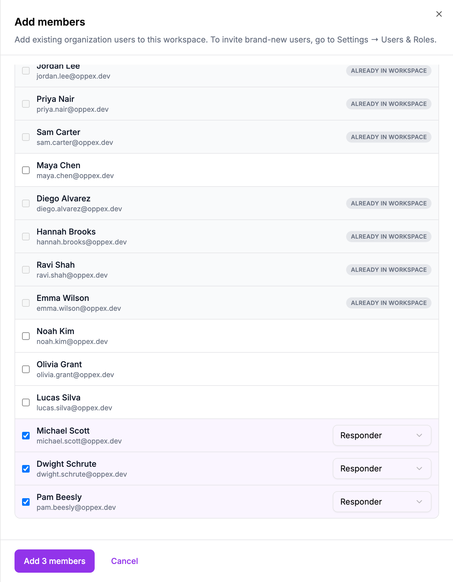 The Add members sheet with Michael Scott, Dwight Schrute, and Pam Beesly ticked, each with a Responder role picker, and the Add 3 members button