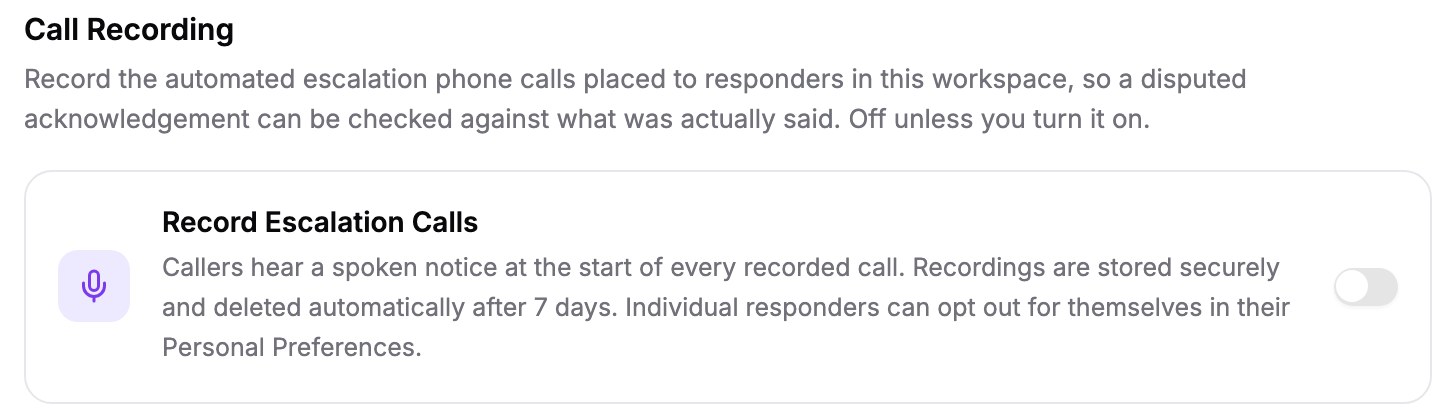 The Call Recording section with Record Escalation Calls turned off