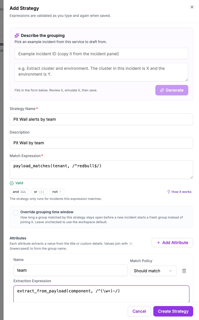 The Add Strategy panel with the match expression payload_matches(tenant, /^redbull$/) and one attribute named team whose extraction expression is extract_from_payload(component, /^(\w+)-/). The match expression shows Valid.