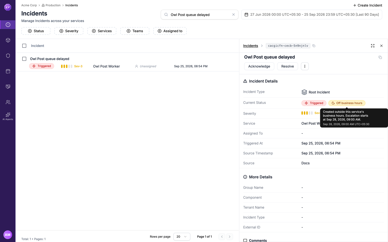 An Owl Post Worker incident created on Friday at 06:54 PM, Triggered and unassigned, with the Off business hours chip and a tooltip saying escalation starts at Sep 28, 2026, 09:00 AM