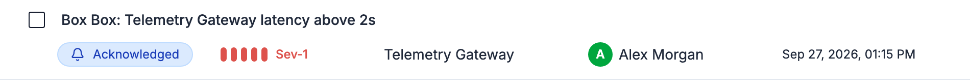 The incident list row for Box Box: Telemetry Gateway latency above 2s, now Acknowledged and assigned to Alex Morgan