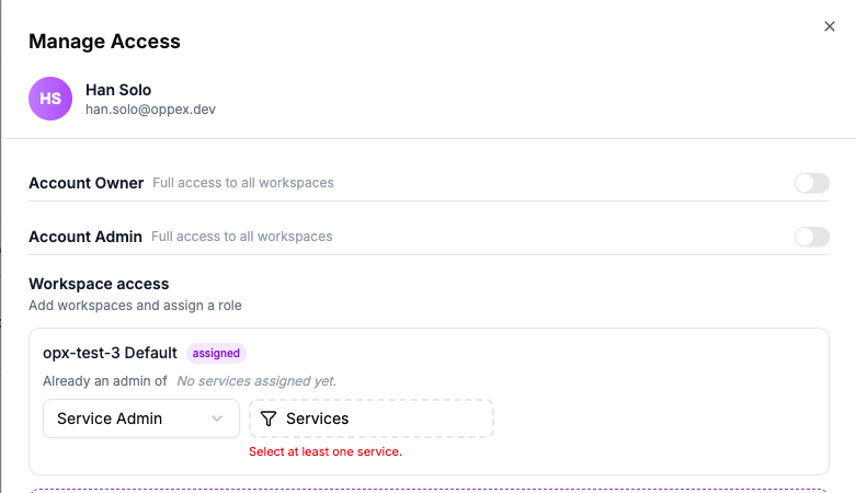 Manage Access for a Service Admin, showing the required Services picker and its validation message