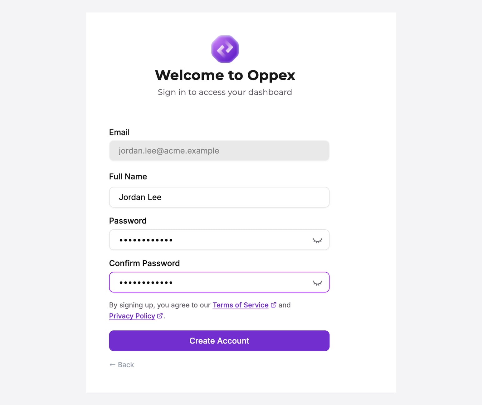 The account details step. The Email field is locked, Full Name contains a sample name, and both password fields are filled in above the Create Account button.
