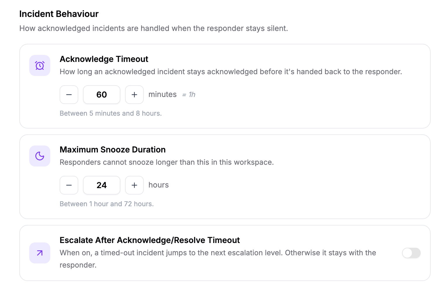 The Incident Behaviour section with Acknowledge Timeout set to 60 minutes, Maximum Snooze Duration set to 24 hours, and the Escalate After Acknowledge/Resolve Timeout switch