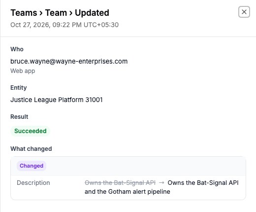 The details panel for a team update, showing the Description field changing from "Owns the Bat-Signal API" to "Owns the Bat-Signal API and the Gotham alert pipeline"
