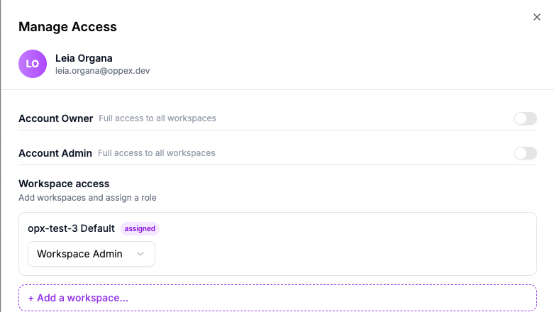 Manage Access for a Workspace Admin, which needs no service selection