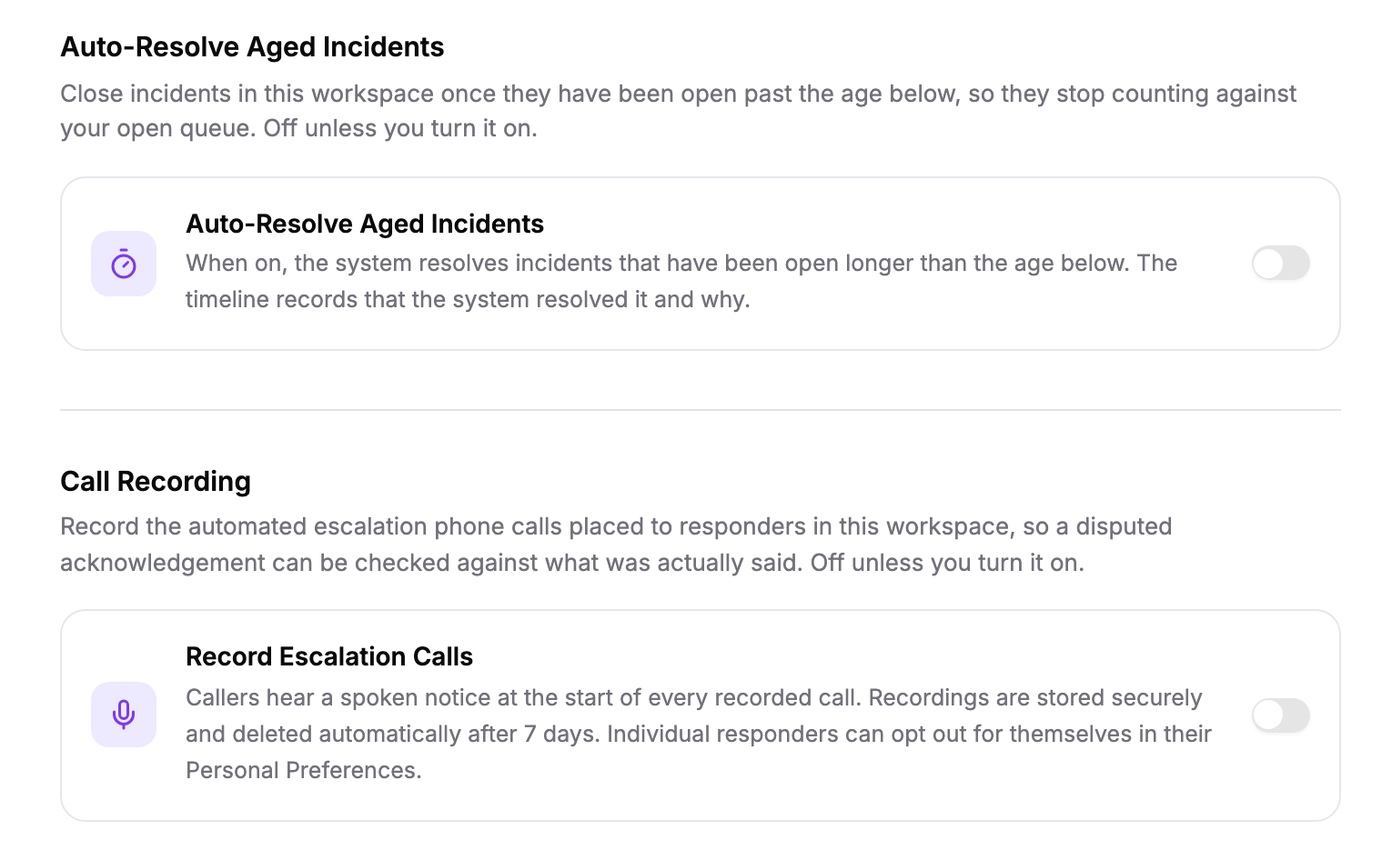 The Auto-Resolve Aged Incidents switch and the Call Recording section with the Record Escalation Calls switch