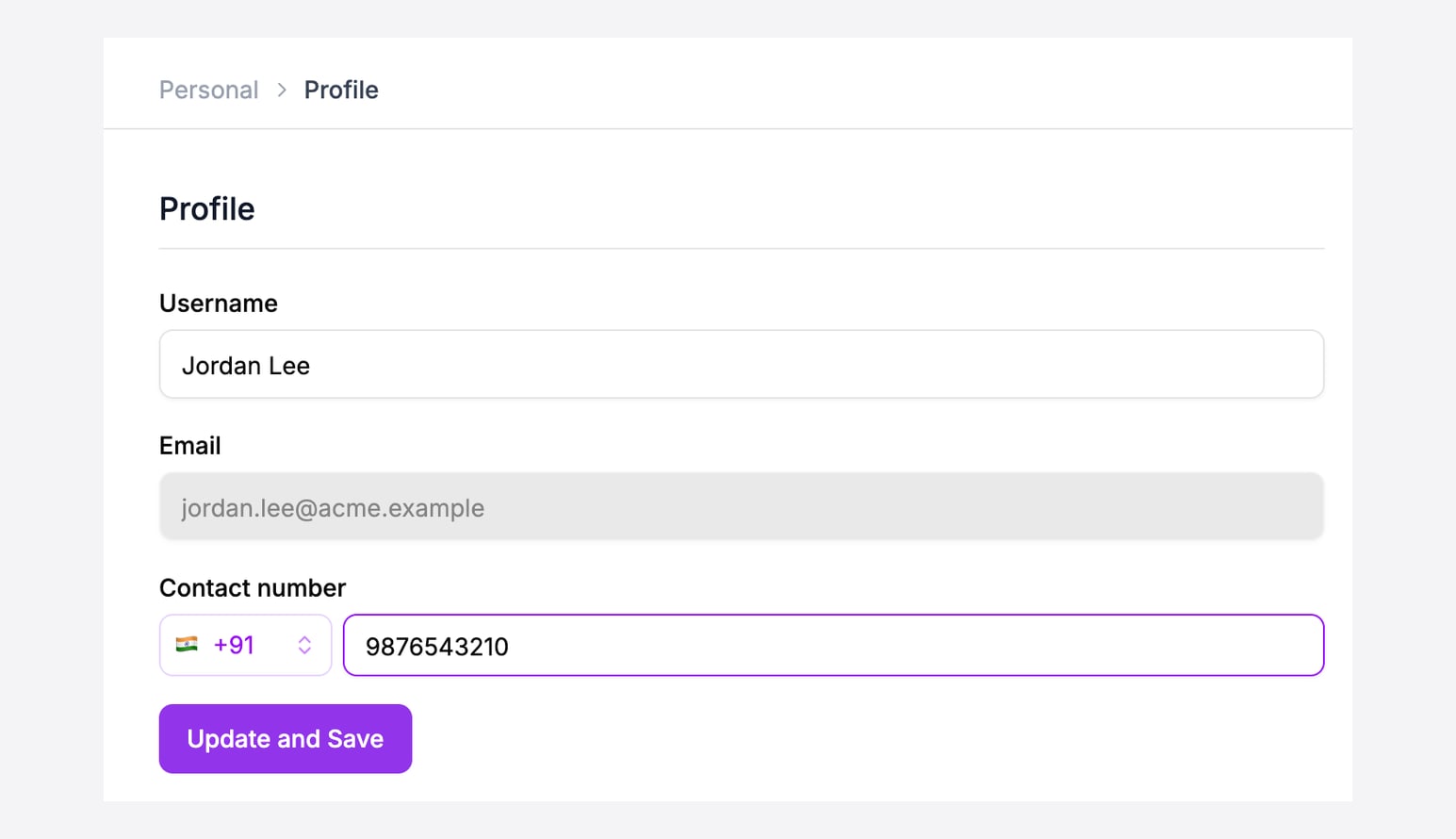 The Profile page with the Username, Email and Contact number fields and the Update and Save button. The Email field cannot be edited.