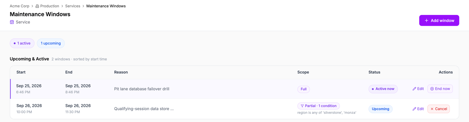 The Maintenance Windows page with one Active now window offering Edit and End now, and one Upcoming window offering Edit and Cancel