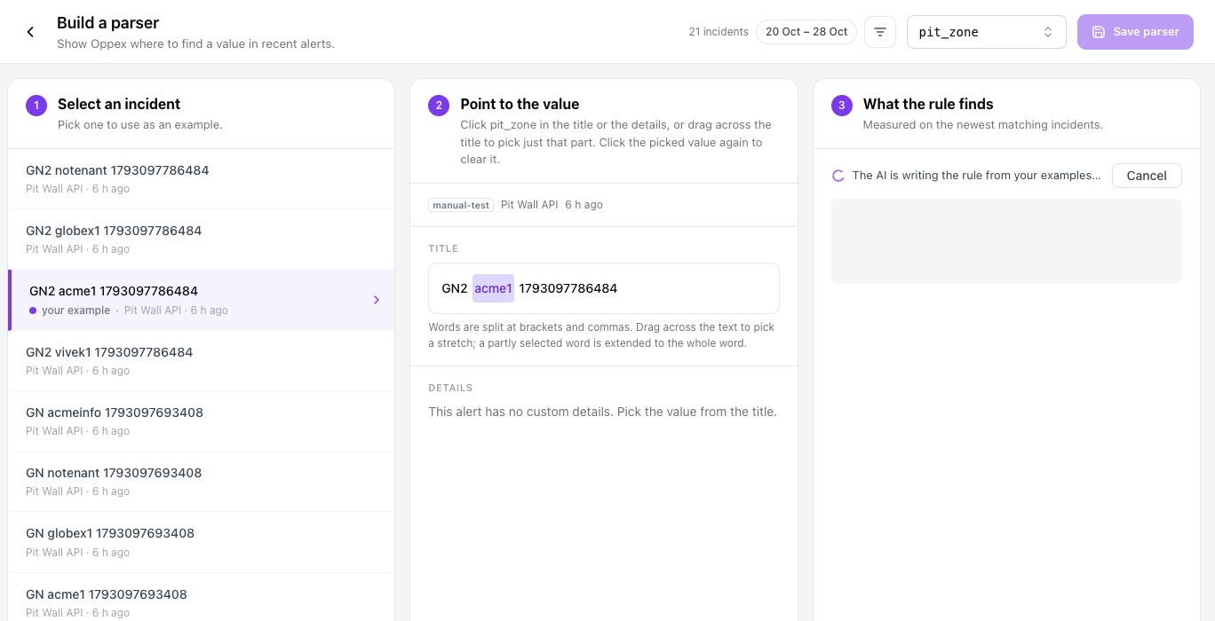 The parser builder with three columns. The first lists incidents with one marked as your example. The second shows its title with the word acme1 highlighted as the picked value. The third reads The AI is writing the rule from your examples.
