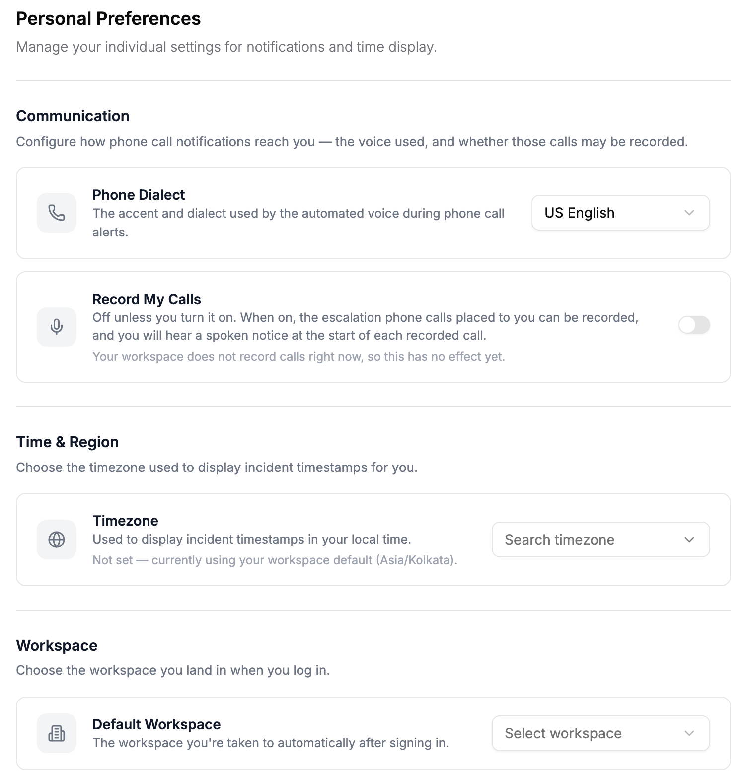 Personal Preferences showing Phone Dialect, Record My Calls, Timezone, and Default Workspace