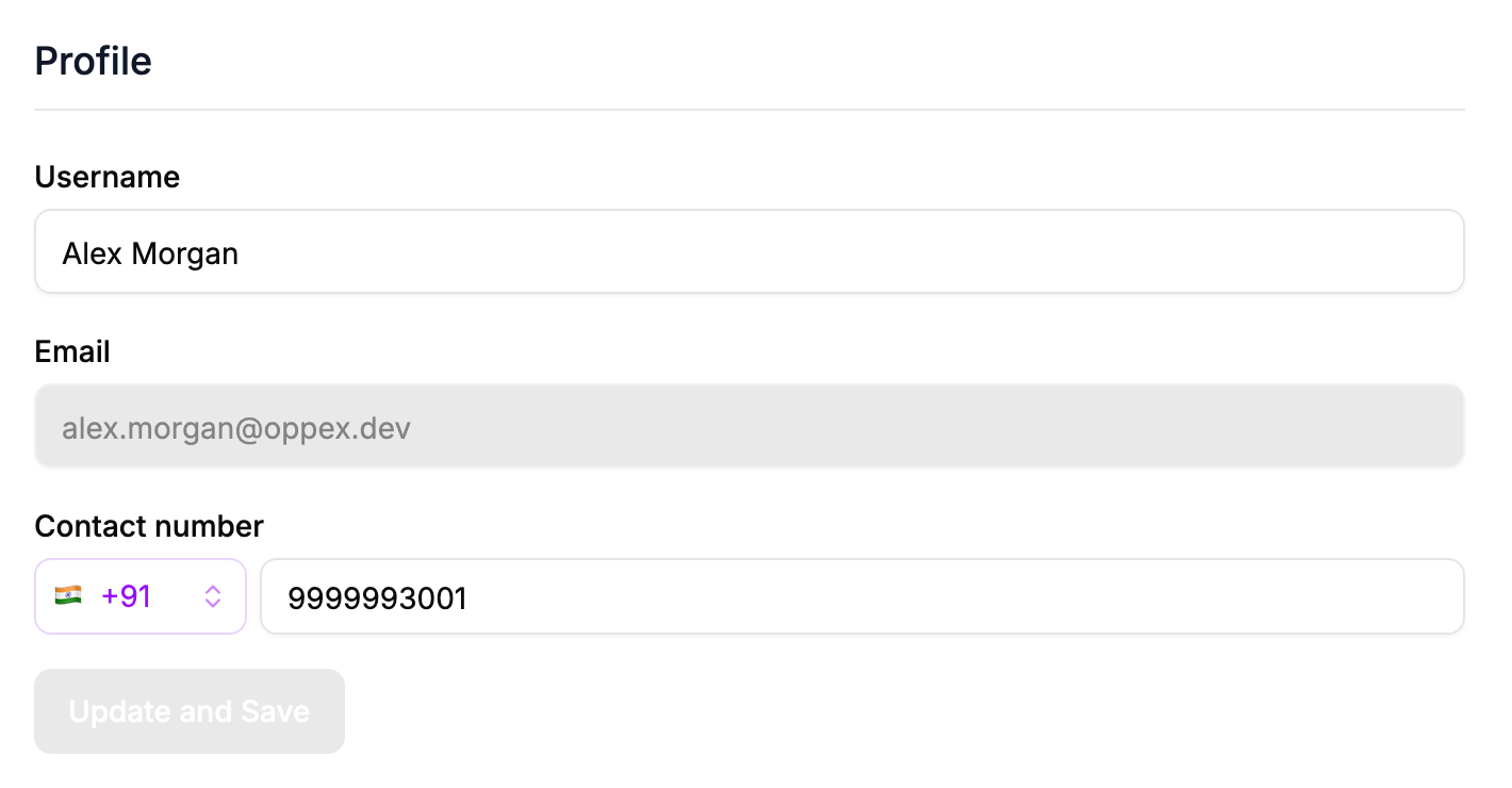 The Profile page with Username, a read-only Email field, and Contact number with a country code picker