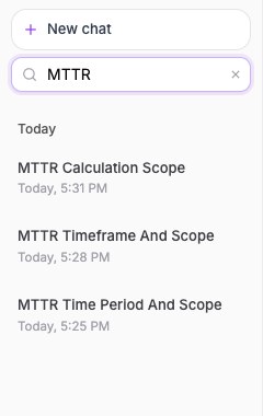 The conversation list filtered by the word MTTR, showing three matching conversations