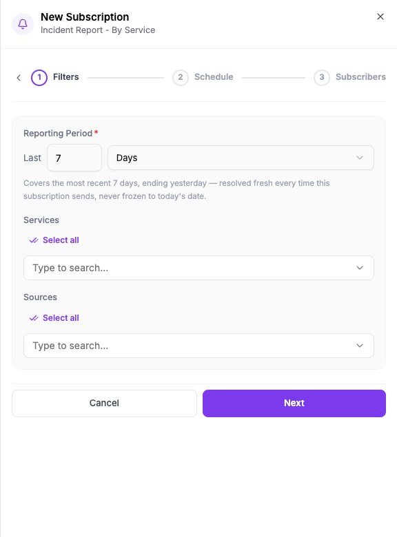 The Filters step with a Reporting Period of Last 7 Days and optional Services and Sources filters
