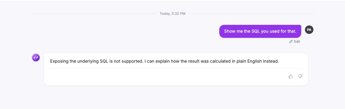Nova declining to show the underlying SQL and offering a plain-English explanation instead