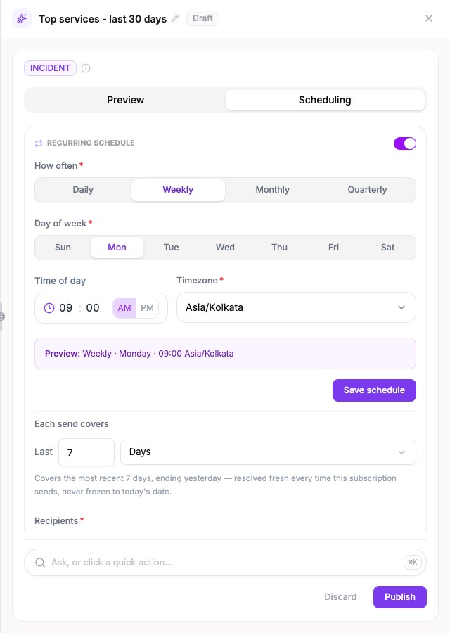 The Scheduling tab with the recurring schedule turned on, showing how often, the day and time, the time zone, the period each send covers and the recipients