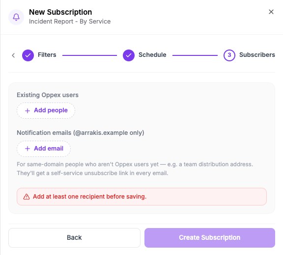 The Subscribers step with Add people and Add email, and a message asking for at least one recipient