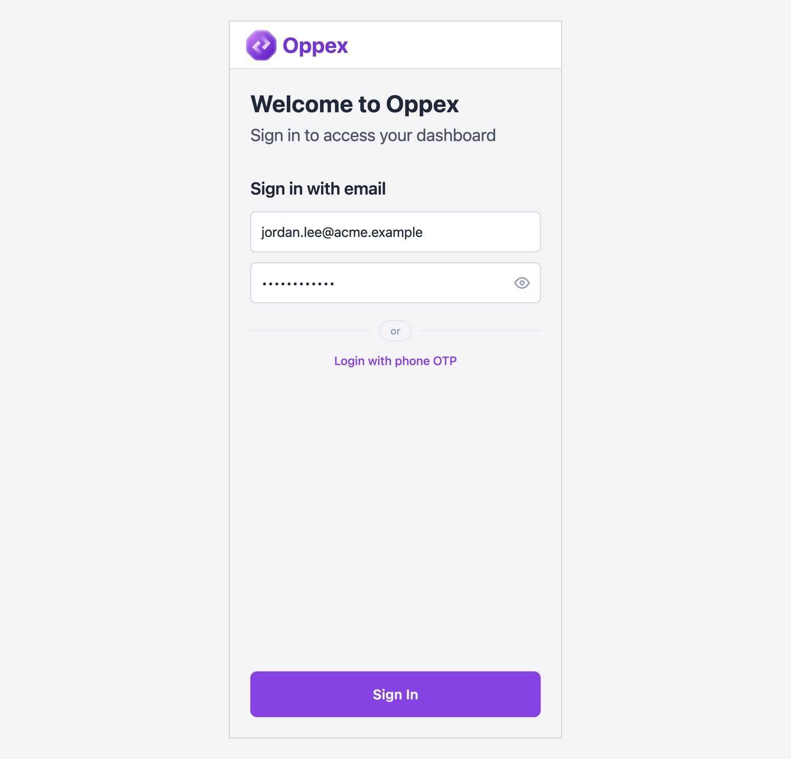 The mobile sign-in screen in email mode, with a sample email address and a password entered, a Login with phone OTP link, and the Sign In button.