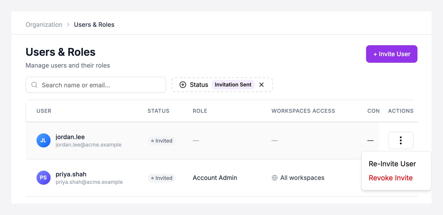 The Users &amp; Roles page filtered to Invitation Sent. Two pending invitations are listed with the Invited status and their role and workspace access, and the actions menu of the first row is open with Re-Invite User and Revoke Invite.