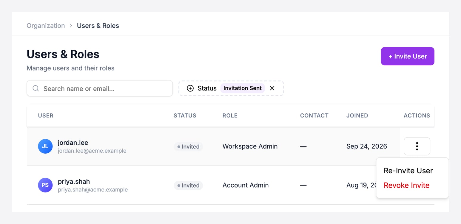 The Users &amp; Roles page filtered to Invitation Sent. Two pending invitations are listed with the Invited status, and the actions menu of the first row is open with Re-Invite User and Revoke Invite.