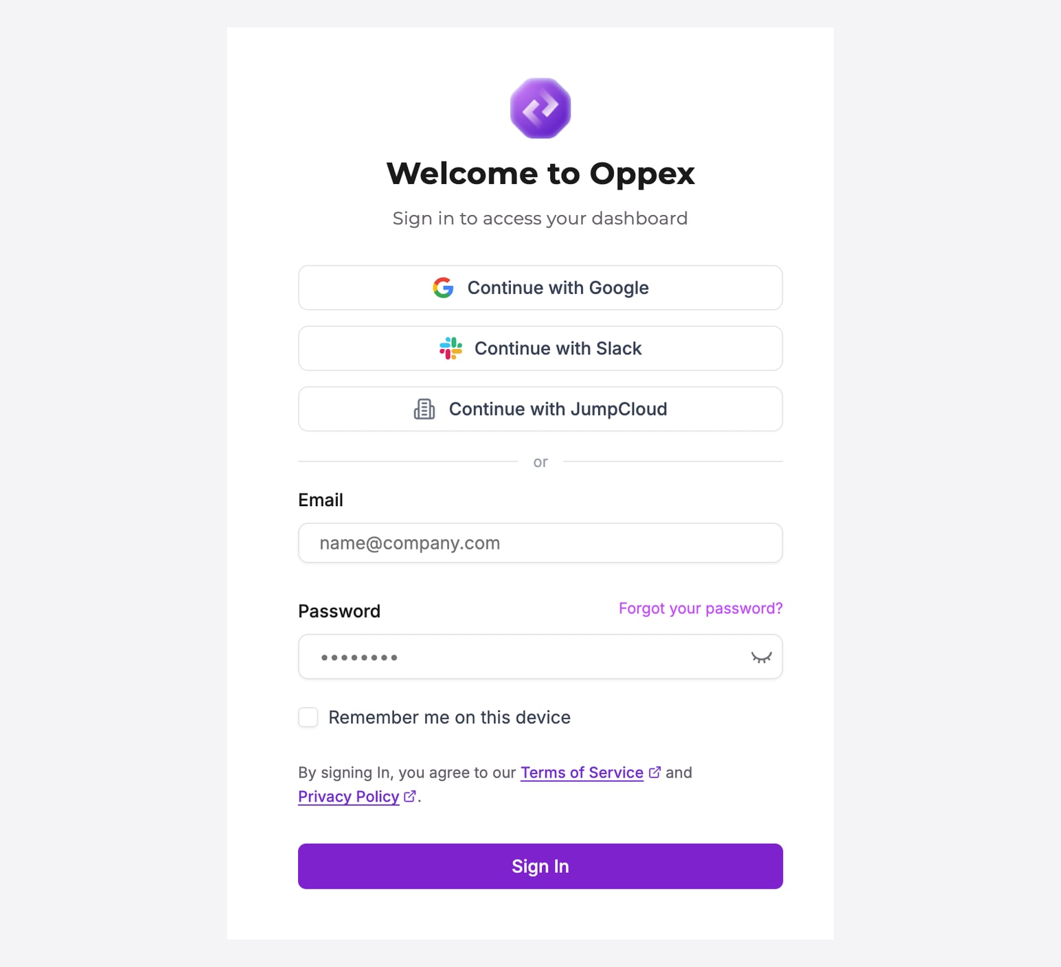 The Oppex sign-in page, with buttons for Continue with Google, Continue with Slack and Continue with JumpCloud above an "or" divider, then the Email and Password fields, a Forgot your password? link, a Remember me on this device checkbox and the Sign In button.