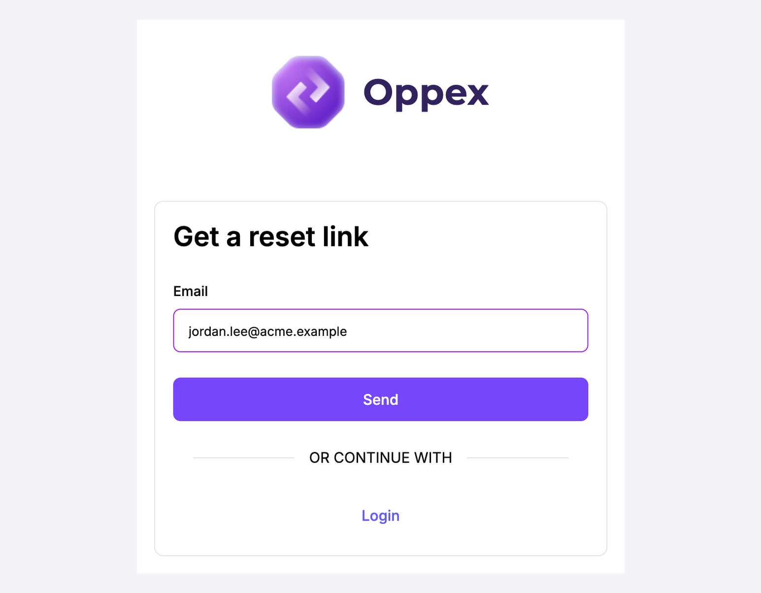 The Get a reset link page with the Email field filled in, a Send button, and a Login link below an OR CONTINUE WITH divider.