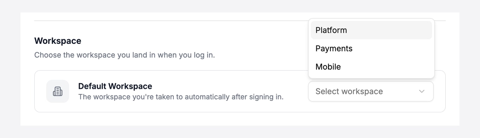 The Workspace section of the Preferences page. The Default Workspace list is open and shows three workspaces: Platform, Payments and Mobile.